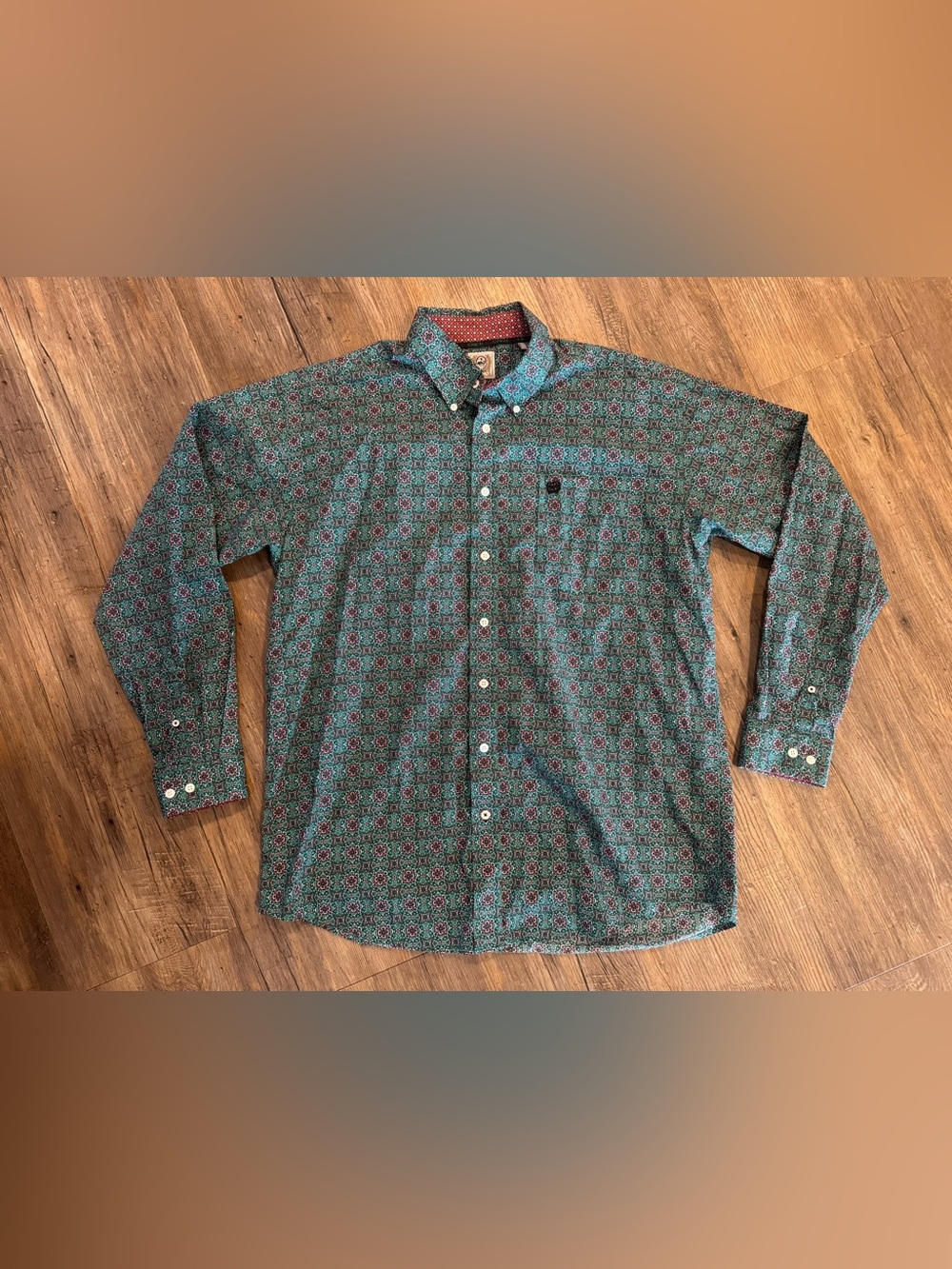 Cinch Button Down Western Shirt Teal Blue Floral Allover Flip Cuff Sz L